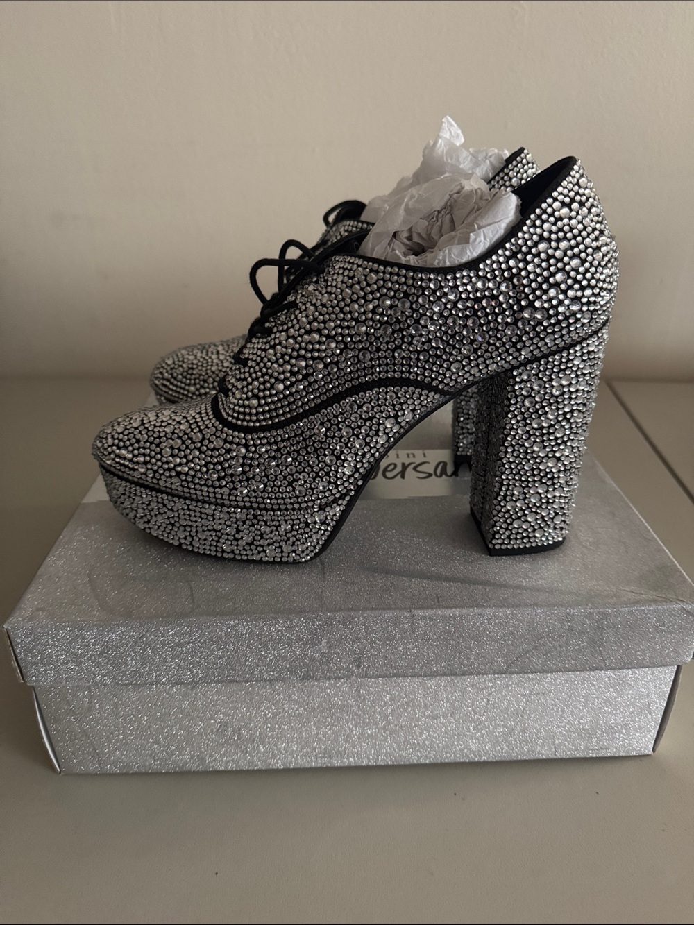 Gianni Bini Silver Crystal Platform Lace-Up Heels